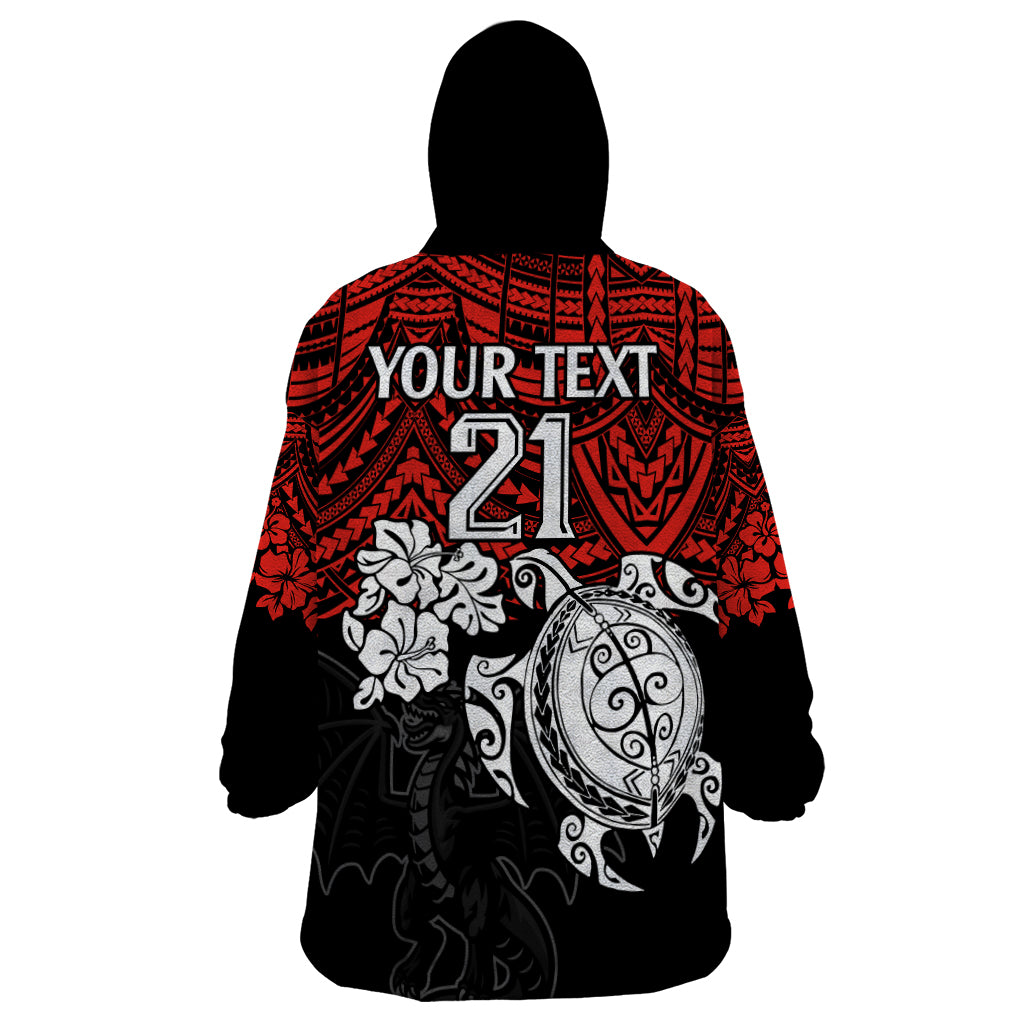 Custom Dragons Rugby Wearable Blanket Hoodie Red V Hibiscus and Turtle With Polynesian Pattern - Vibe Hoodie Shop