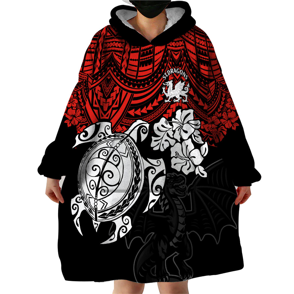 Custom Dragons Rugby Wearable Blanket Hoodie Red V Hibiscus and Turtle With Polynesian Pattern - Vibe Hoodie Shop