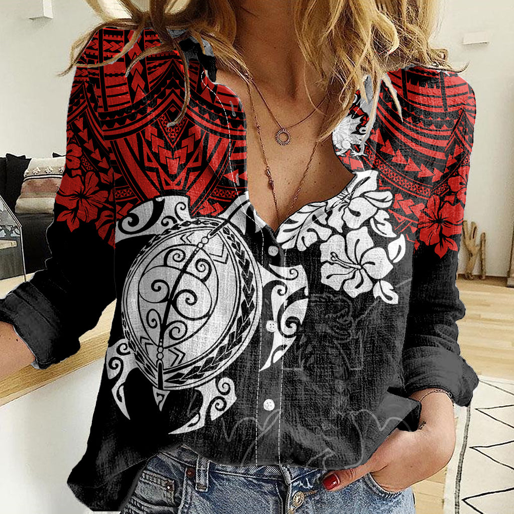 Custom Dragons Rugby Women Casual Shirt Red V Hibiscus and Turtle With Polynesian Pattern - Vibe Hoodie Shop