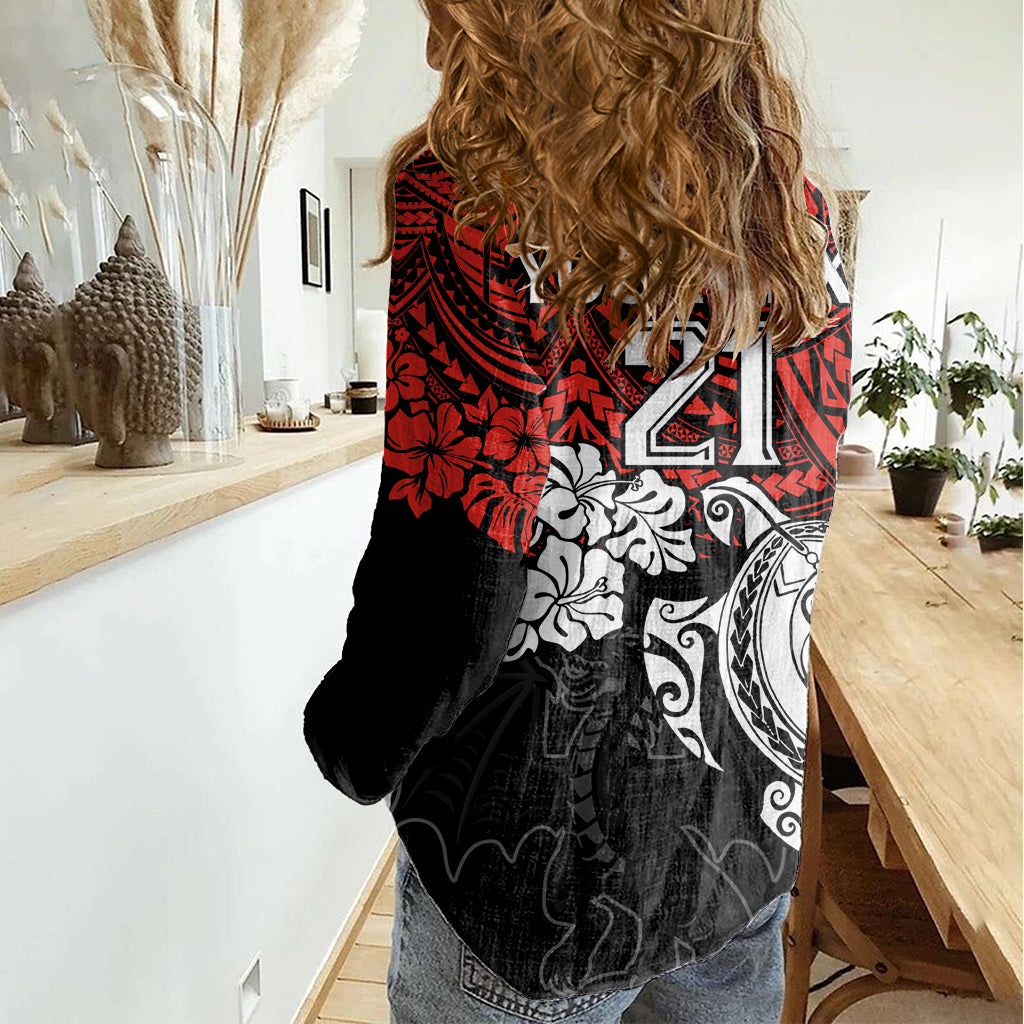 Custom Dragons Rugby Women Casual Shirt Red V Hibiscus and Turtle With Polynesian Pattern - Vibe Hoodie Shop