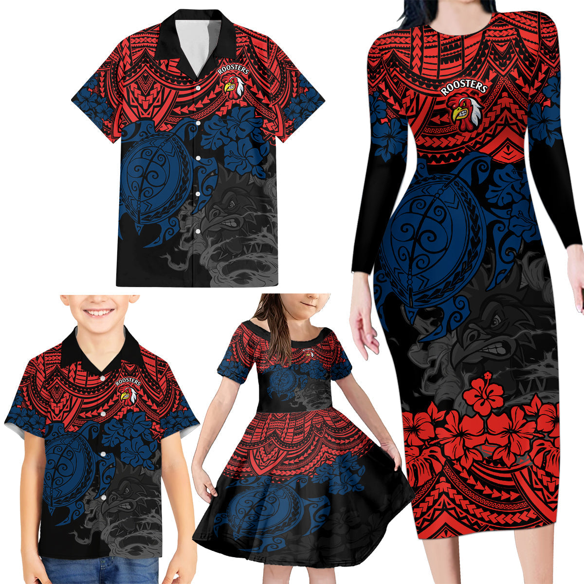 custom-roosters-rugby-family-matching-long-sleeve-bodycon-dress-and-hawaiian-shirt-sydney-hibiscus-and-turtle-with-polynesian-pattern