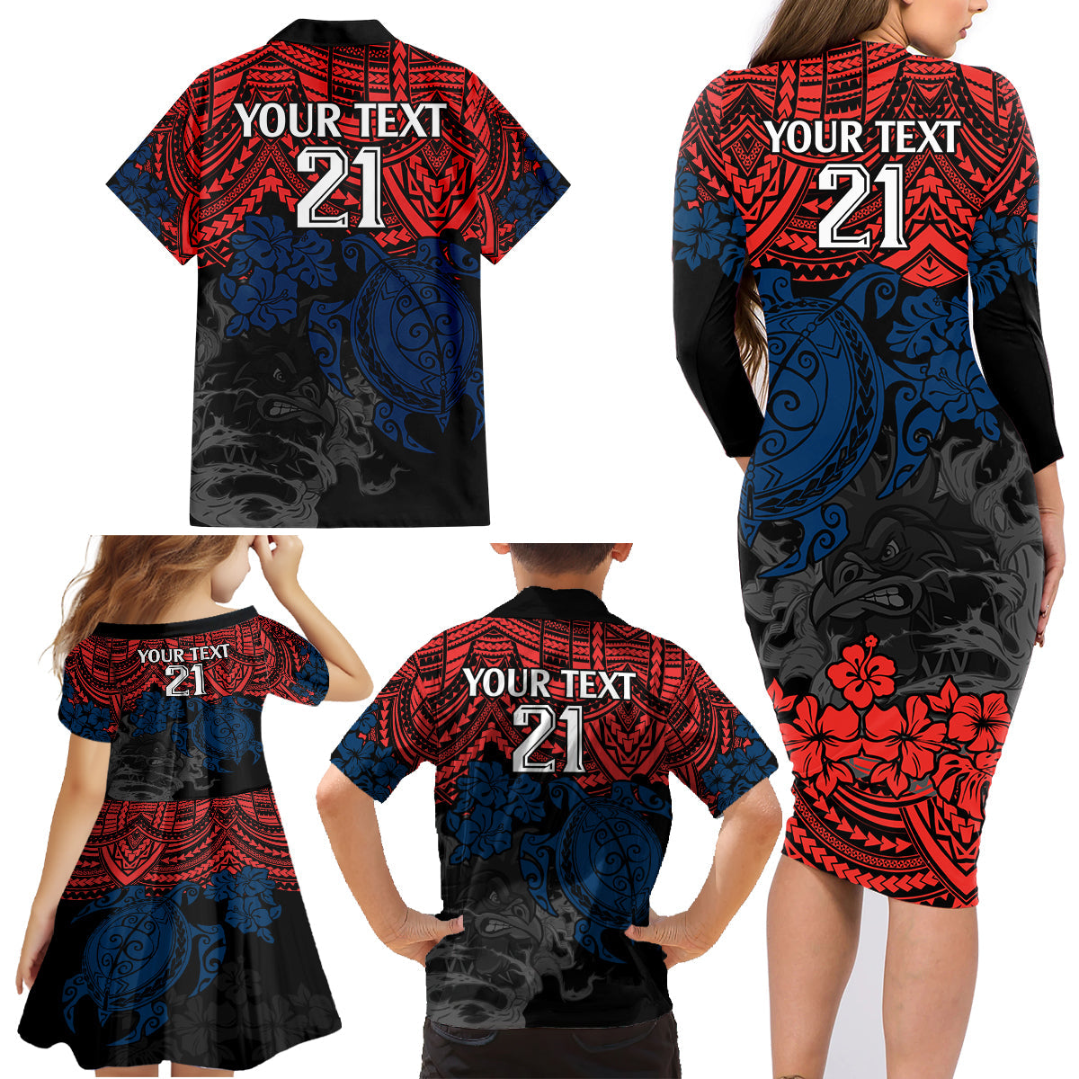 custom-roosters-rugby-family-matching-long-sleeve-bodycon-dress-and-hawaiian-shirt-sydney-hibiscus-and-turtle-with-polynesian-pattern