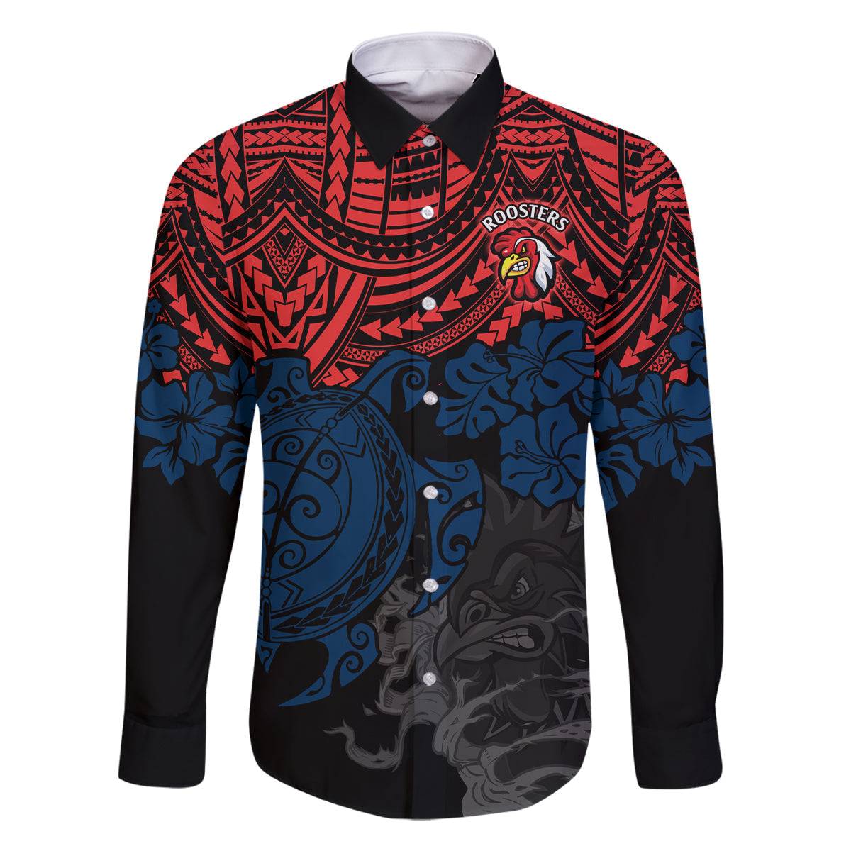 custom-roosters-rugby-family-matching-long-sleeve-bodycon-dress-and-hawaiian-shirt-sydney-hibiscus-and-turtle-with-polynesian-pattern