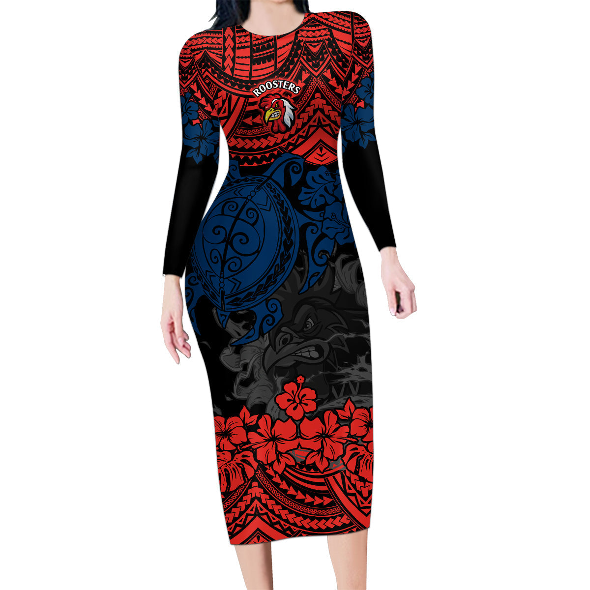 custom-roosters-rugby-family-matching-long-sleeve-bodycon-dress-and-hawaiian-shirt-sydney-hibiscus-and-turtle-with-polynesian-pattern