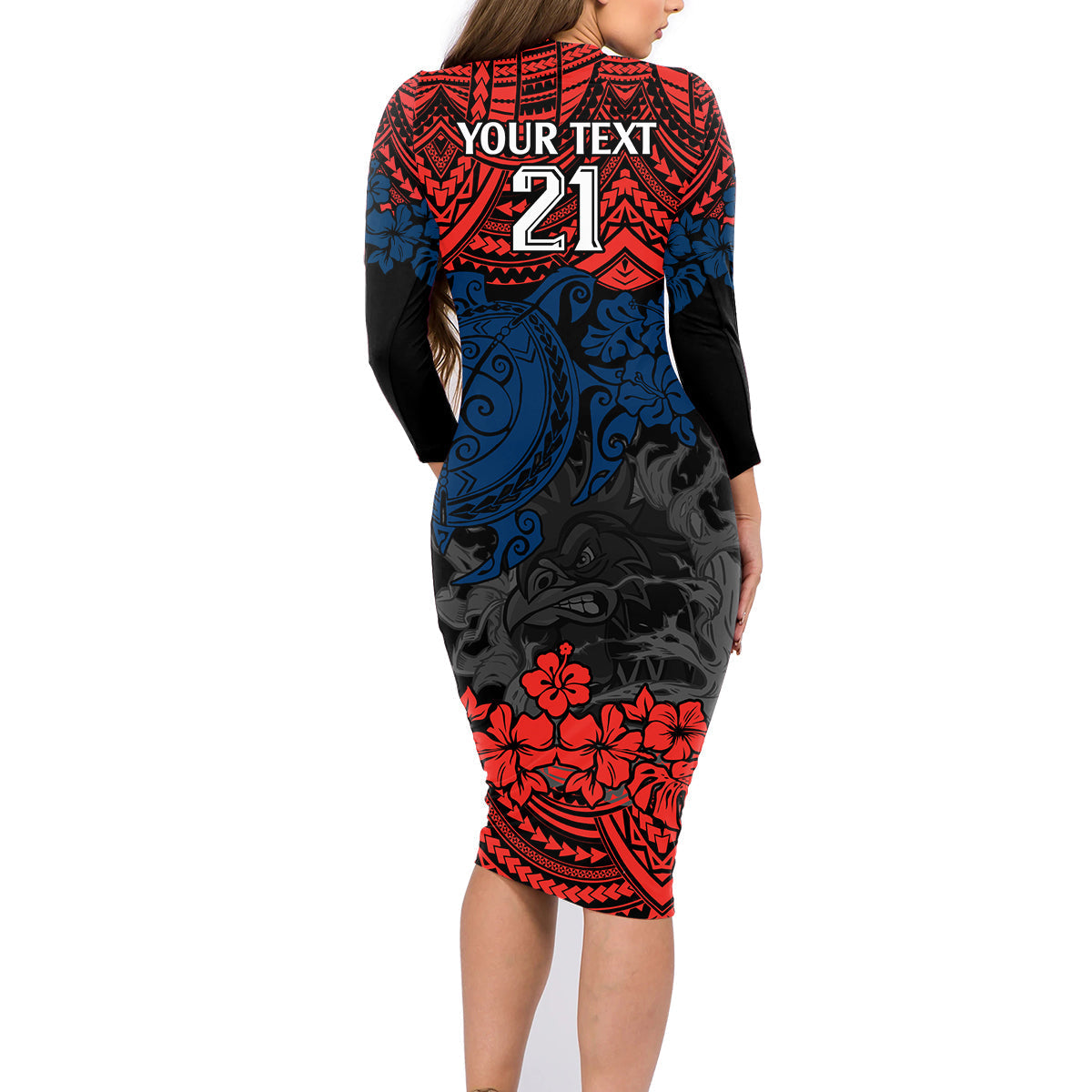 custom-roosters-rugby-family-matching-long-sleeve-bodycon-dress-and-hawaiian-shirt-sydney-hibiscus-and-turtle-with-polynesian-pattern