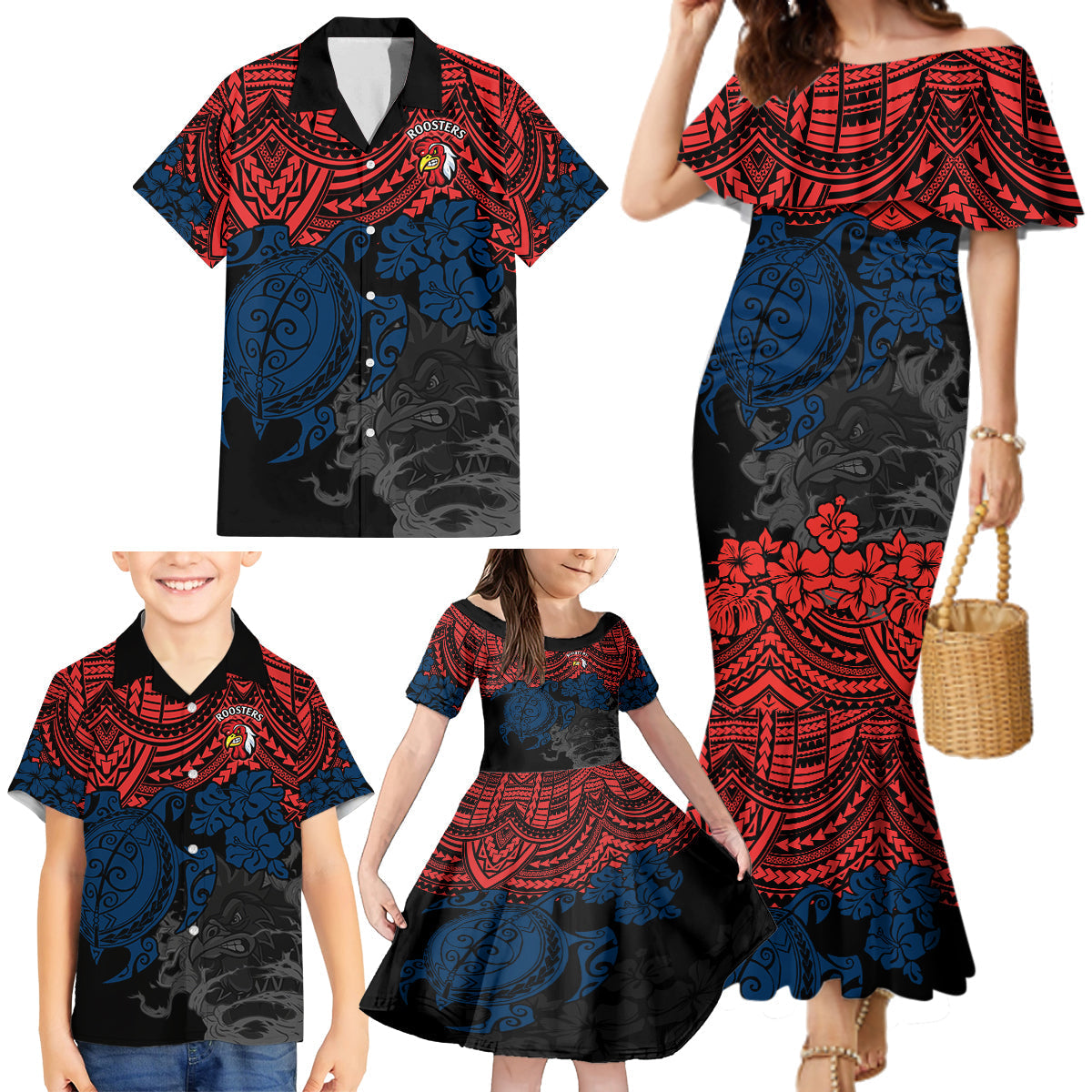 custom-roosters-rugby-family-matching-mermaid-dress-and-hawaiian-shirt-sydney-hibiscus-and-turtle-with-polynesian-pattern