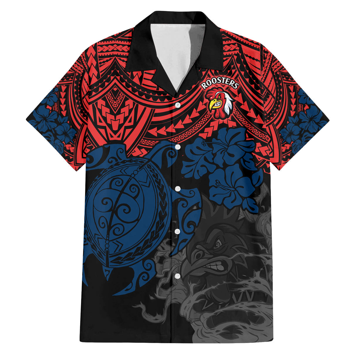 custom-roosters-rugby-family-matching-mermaid-dress-and-hawaiian-shirt-sydney-hibiscus-and-turtle-with-polynesian-pattern