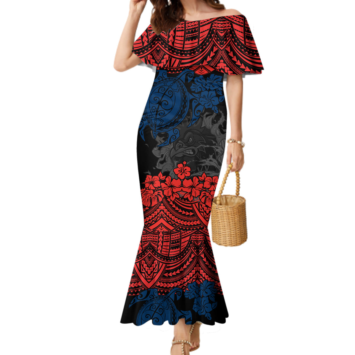 custom-roosters-rugby-family-matching-mermaid-dress-and-hawaiian-shirt-sydney-hibiscus-and-turtle-with-polynesian-pattern