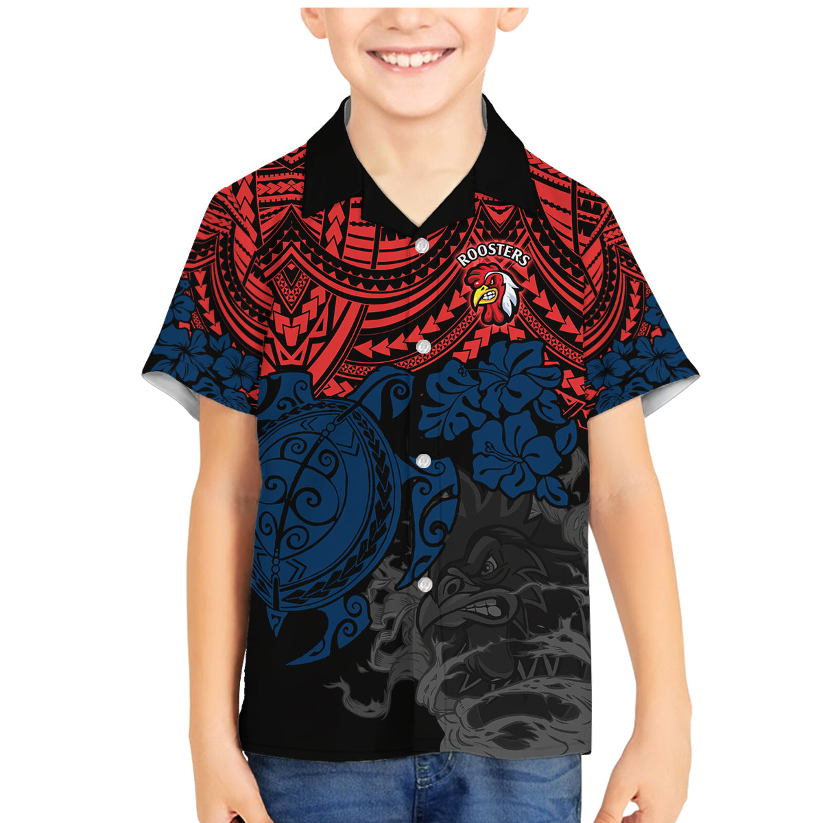 custom-roosters-rugby-family-matching-mermaid-dress-and-hawaiian-shirt-sydney-hibiscus-and-turtle-with-polynesian-pattern