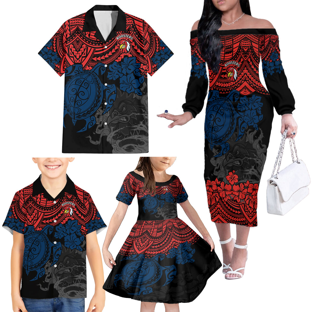 custom-roosters-rugby-family-matching-off-shoulder-long-sleeve-dress-and-hawaiian-shirt-sydney-hibiscus-and-turtle-with-polynesian-pattern