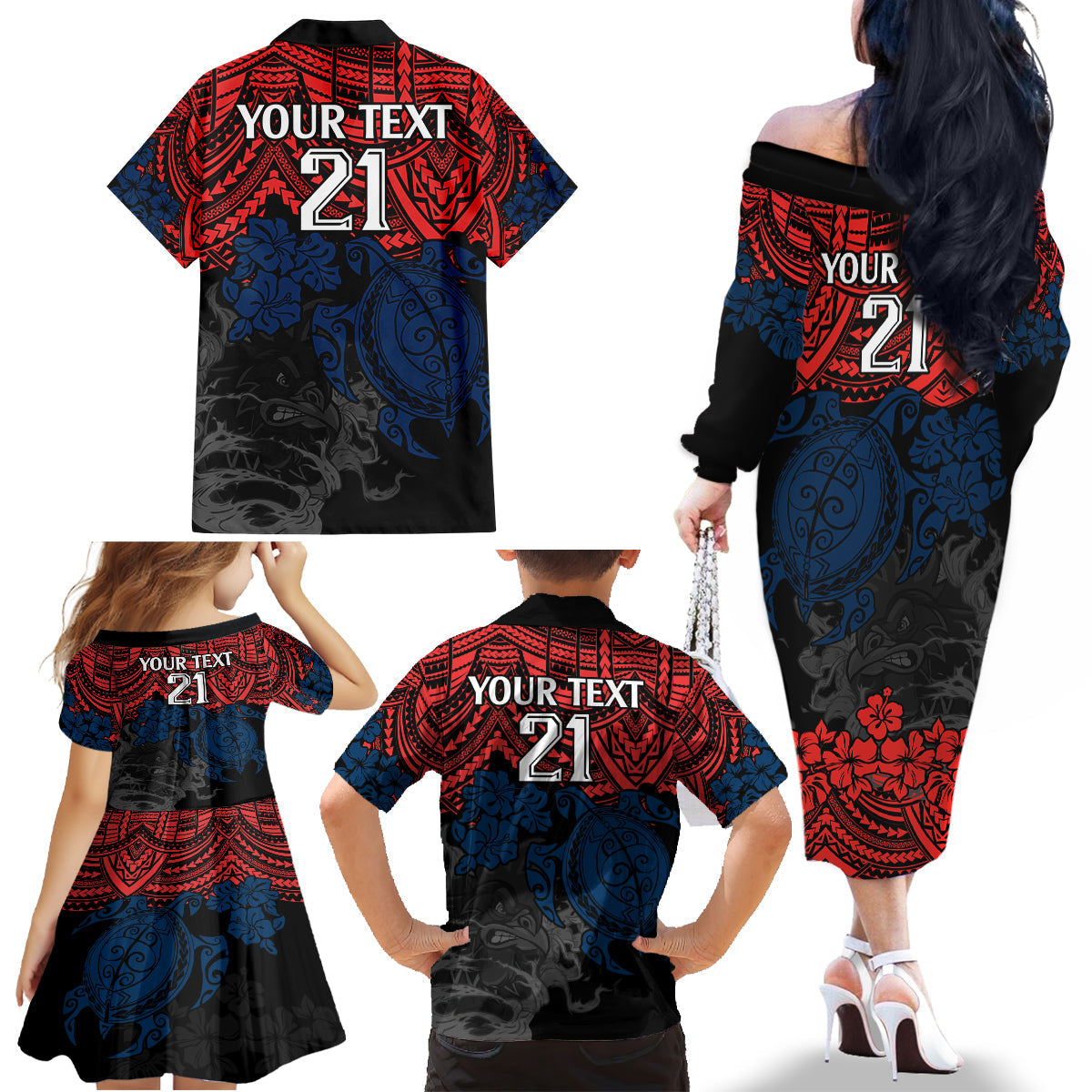 custom-roosters-rugby-family-matching-off-shoulder-long-sleeve-dress-and-hawaiian-shirt-sydney-hibiscus-and-turtle-with-polynesian-pattern