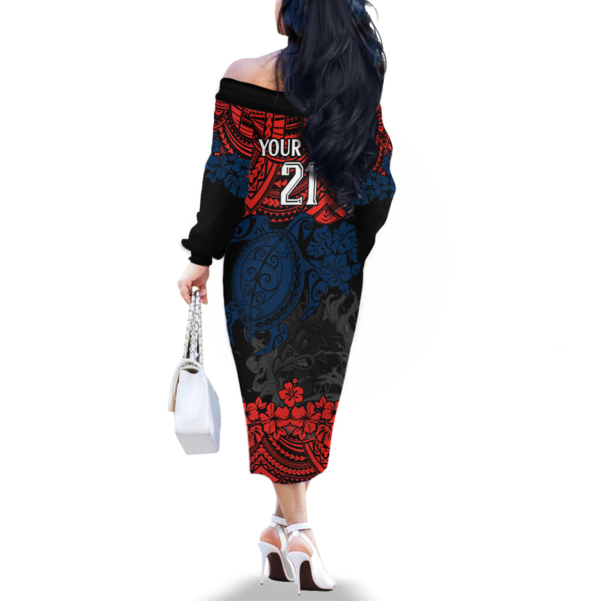 custom-roosters-rugby-family-matching-off-shoulder-long-sleeve-dress-and-hawaiian-shirt-sydney-hibiscus-and-turtle-with-polynesian-pattern