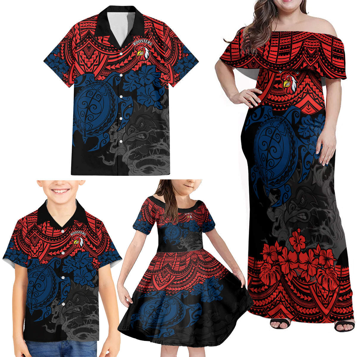 custom-roosters-rugby-family-matching-off-shoulder-maxi-dress-and-hawaiian-shirt-sydney-hibiscus-and-turtle-with-polynesian-pattern