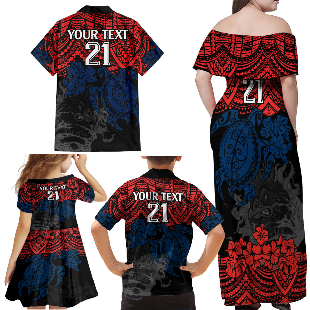 custom-roosters-rugby-family-matching-off-shoulder-maxi-dress-and-hawaiian-shirt-sydney-hibiscus-and-turtle-with-polynesian-pattern