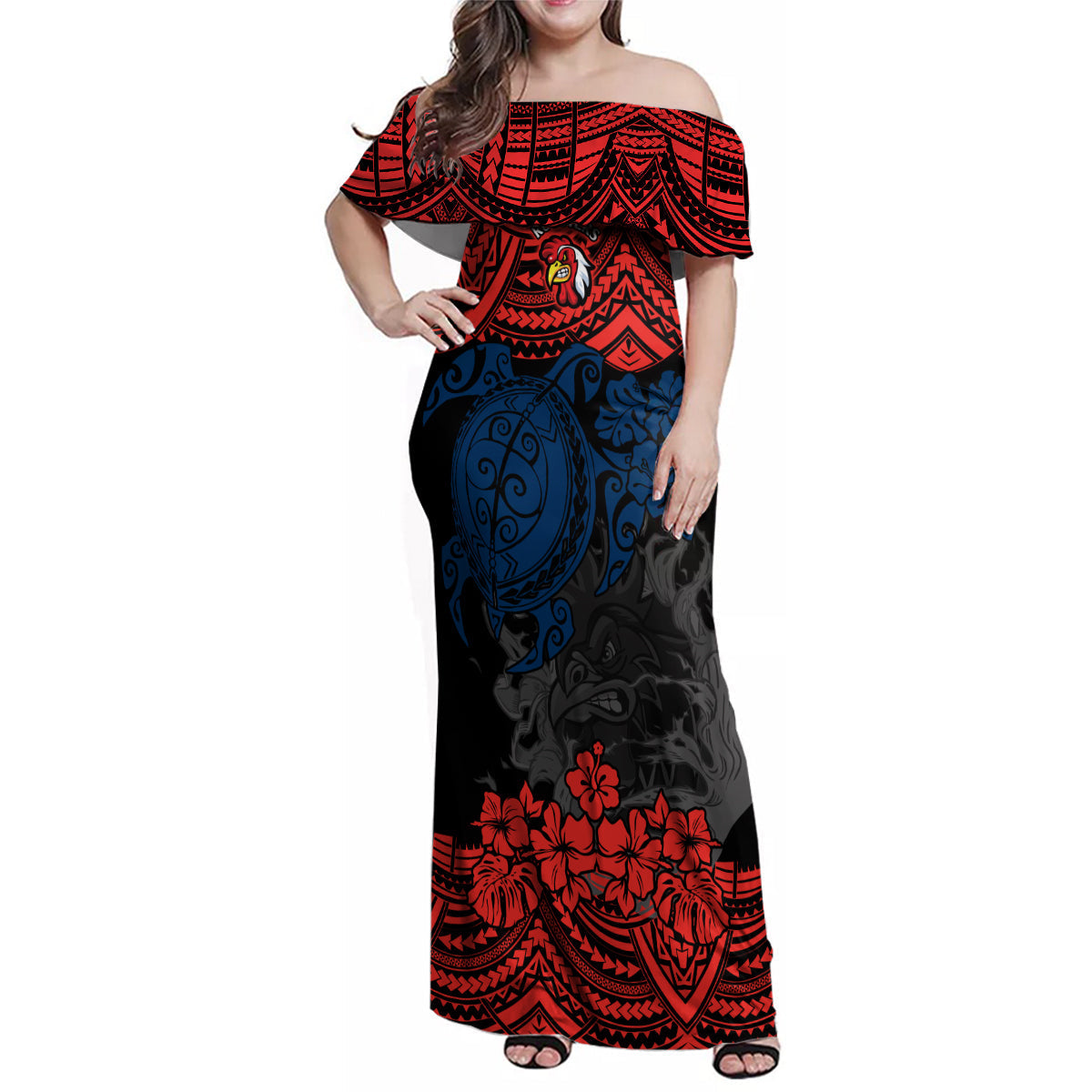 custom-roosters-rugby-family-matching-off-shoulder-maxi-dress-and-hawaiian-shirt-sydney-hibiscus-and-turtle-with-polynesian-pattern