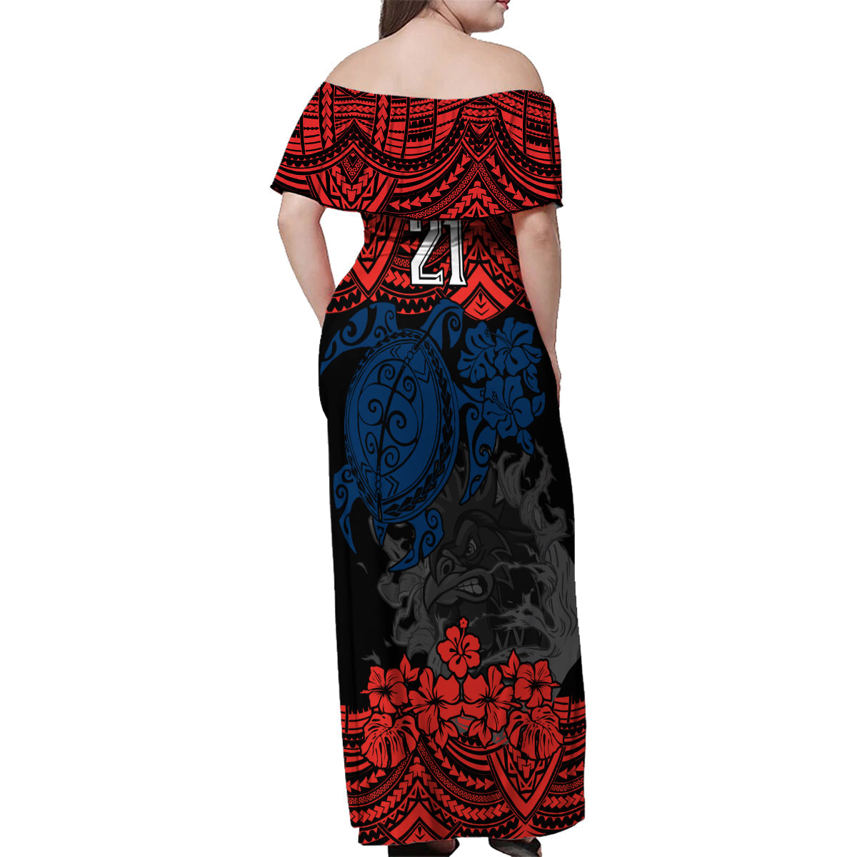 custom-roosters-rugby-family-matching-off-shoulder-maxi-dress-and-hawaiian-shirt-sydney-hibiscus-and-turtle-with-polynesian-pattern