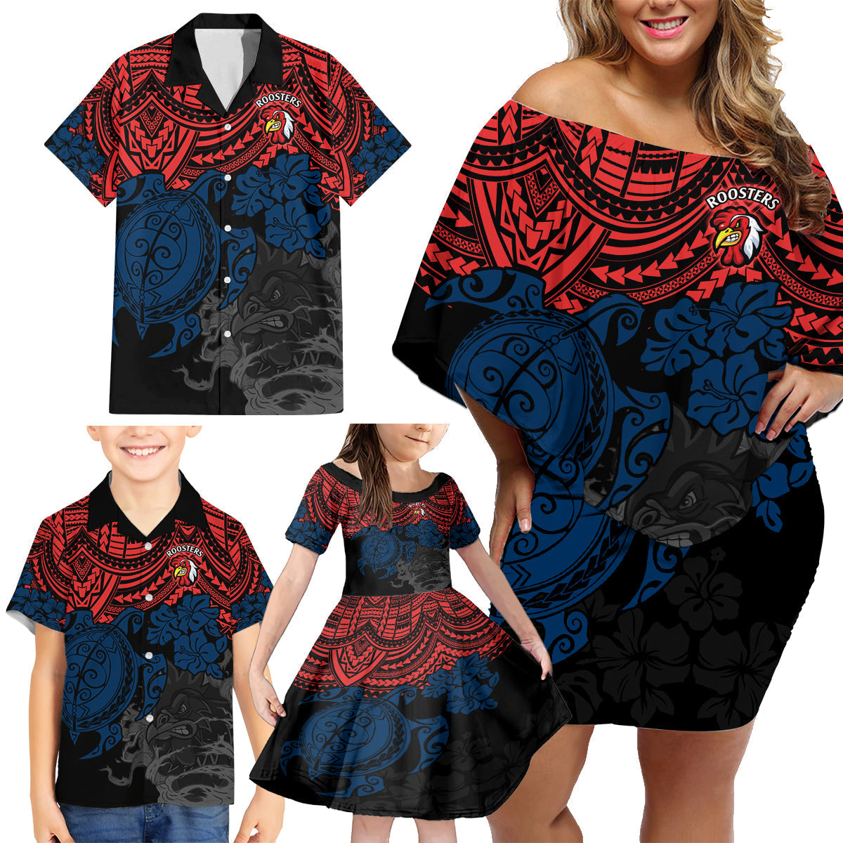 custom-roosters-rugby-family-matching-off-shoulder-short-dress-and-hawaiian-shirt-sydney-hibiscus-and-turtle-with-polynesian-pattern