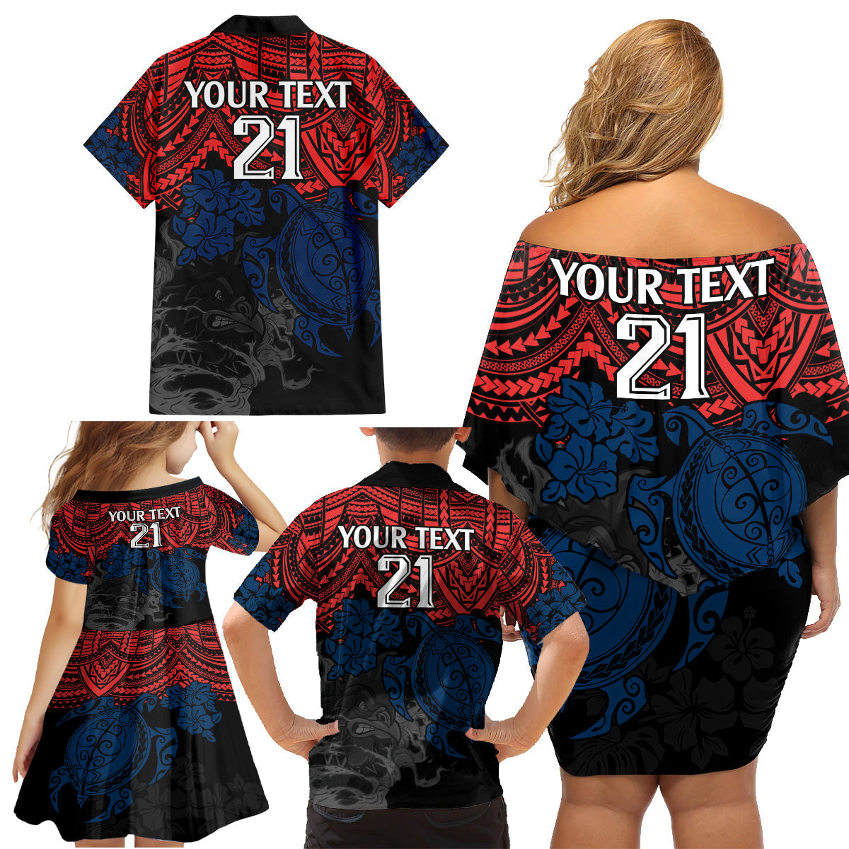 custom-roosters-rugby-family-matching-off-shoulder-short-dress-and-hawaiian-shirt-sydney-hibiscus-and-turtle-with-polynesian-pattern