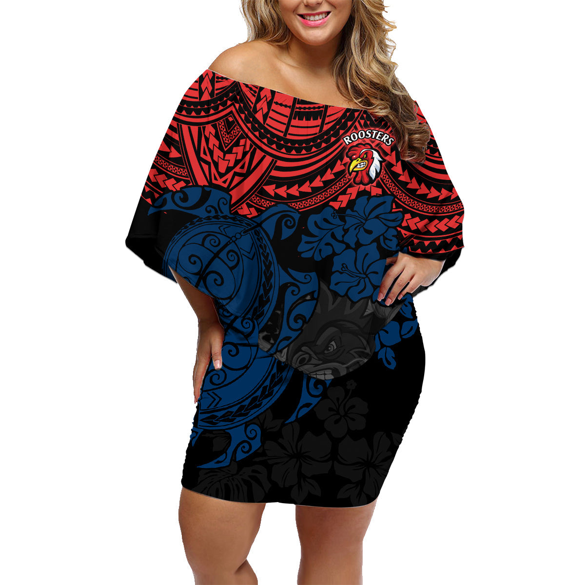 custom-roosters-rugby-family-matching-off-shoulder-short-dress-and-hawaiian-shirt-sydney-hibiscus-and-turtle-with-polynesian-pattern