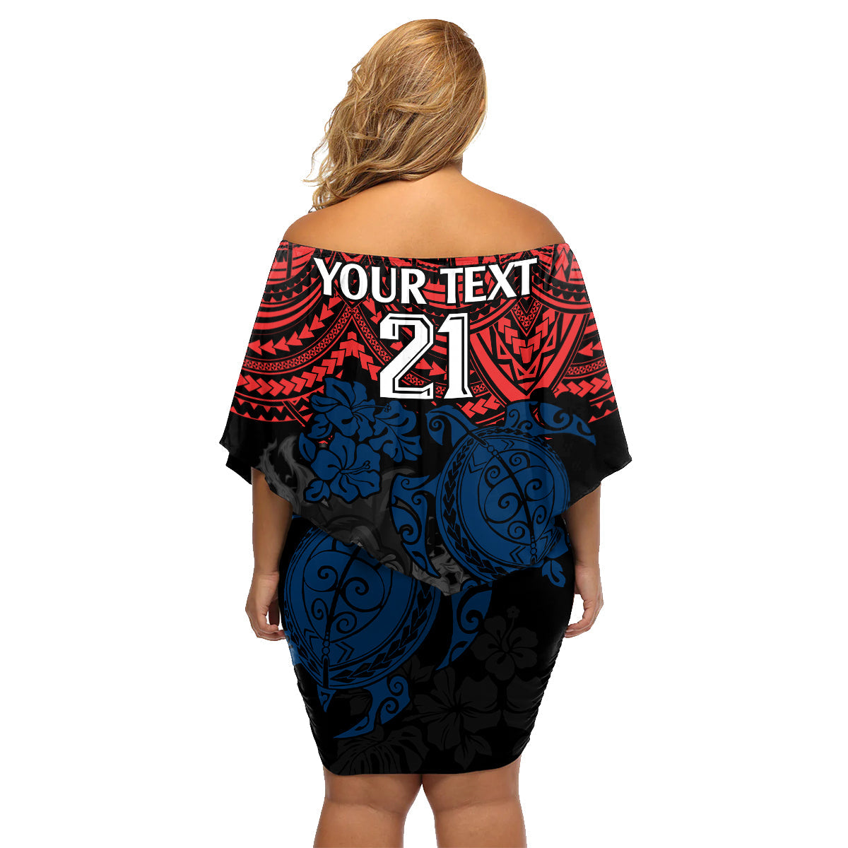 custom-roosters-rugby-family-matching-off-shoulder-short-dress-and-hawaiian-shirt-sydney-hibiscus-and-turtle-with-polynesian-pattern