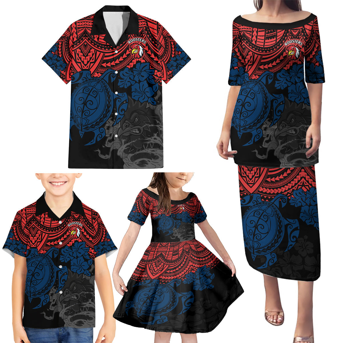 custom-roosters-rugby-family-matching-puletasi-dress-and-hawaiian-shirt-sydney-hibiscus-and-turtle-with-polynesian-pattern