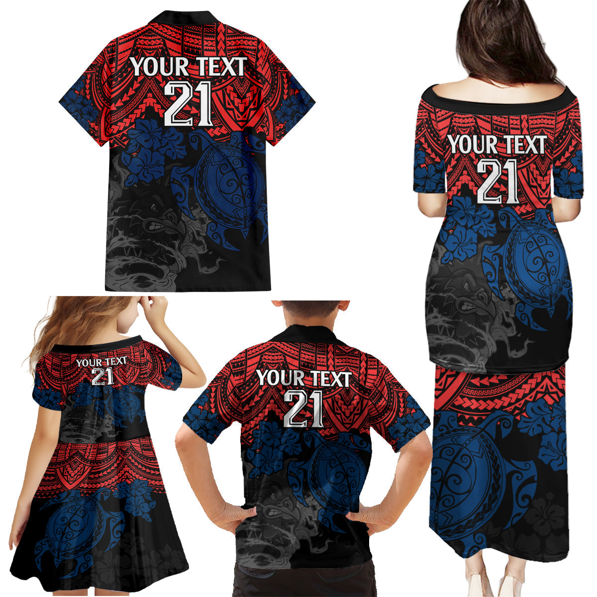 custom-roosters-rugby-family-matching-puletasi-dress-and-hawaiian-shirt-sydney-hibiscus-and-turtle-with-polynesian-pattern