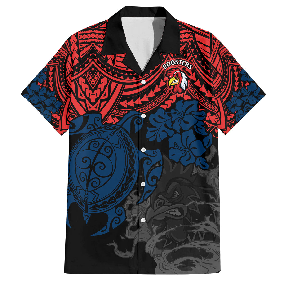 custom-roosters-rugby-family-matching-puletasi-dress-and-hawaiian-shirt-sydney-hibiscus-and-turtle-with-polynesian-pattern