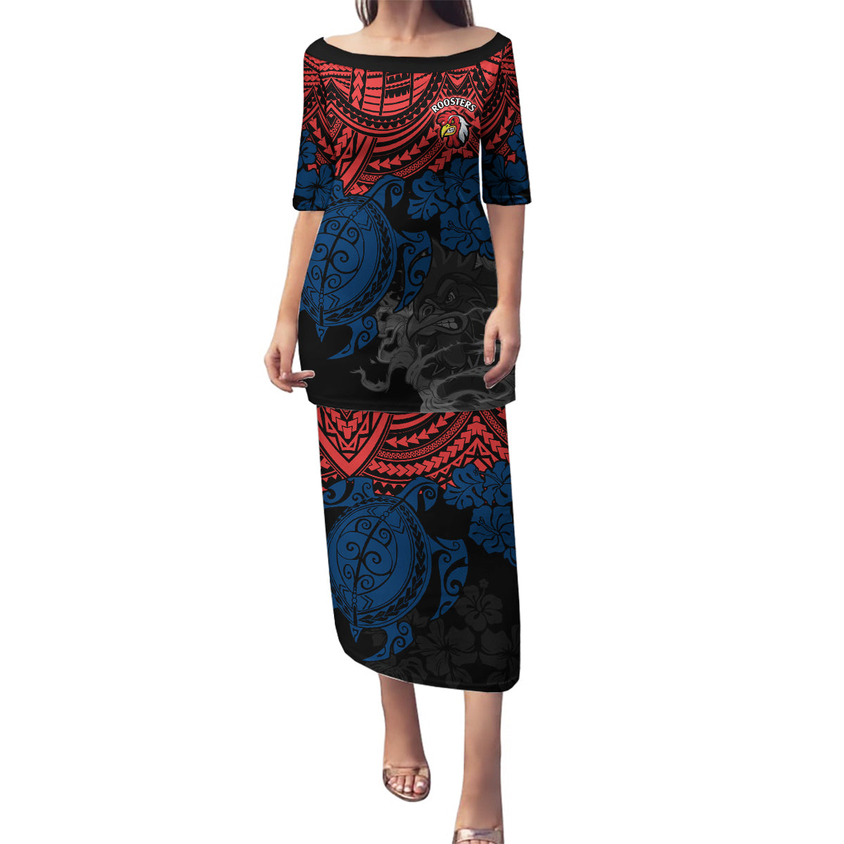 custom-roosters-rugby-family-matching-puletasi-dress-and-hawaiian-shirt-sydney-hibiscus-and-turtle-with-polynesian-pattern