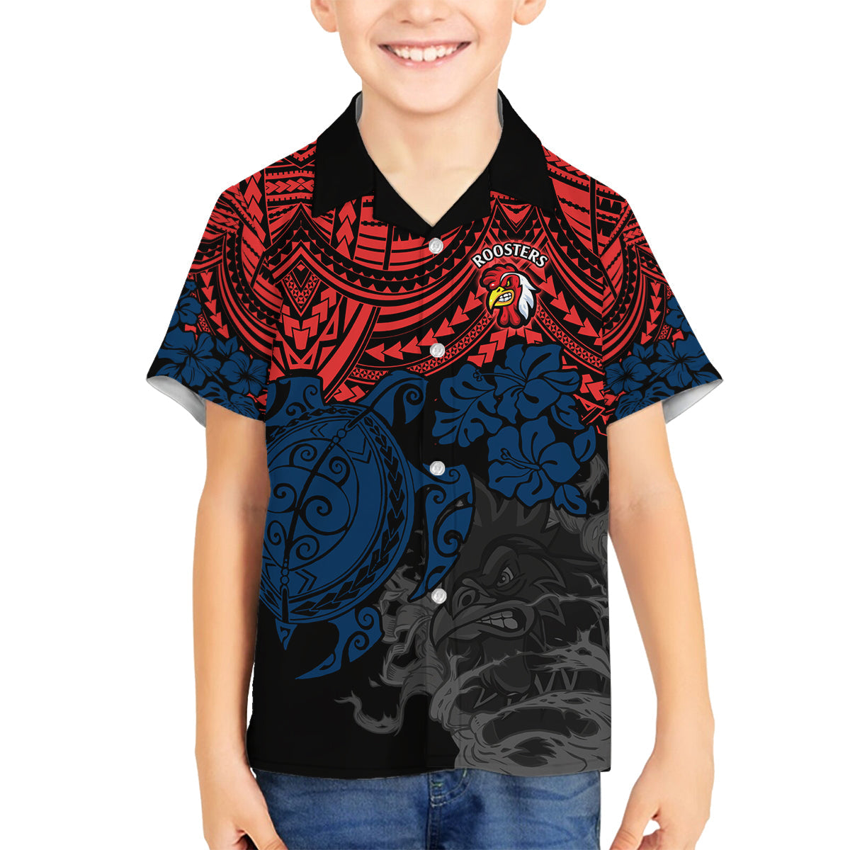 custom-roosters-rugby-family-matching-puletasi-dress-and-hawaiian-shirt-sydney-hibiscus-and-turtle-with-polynesian-pattern