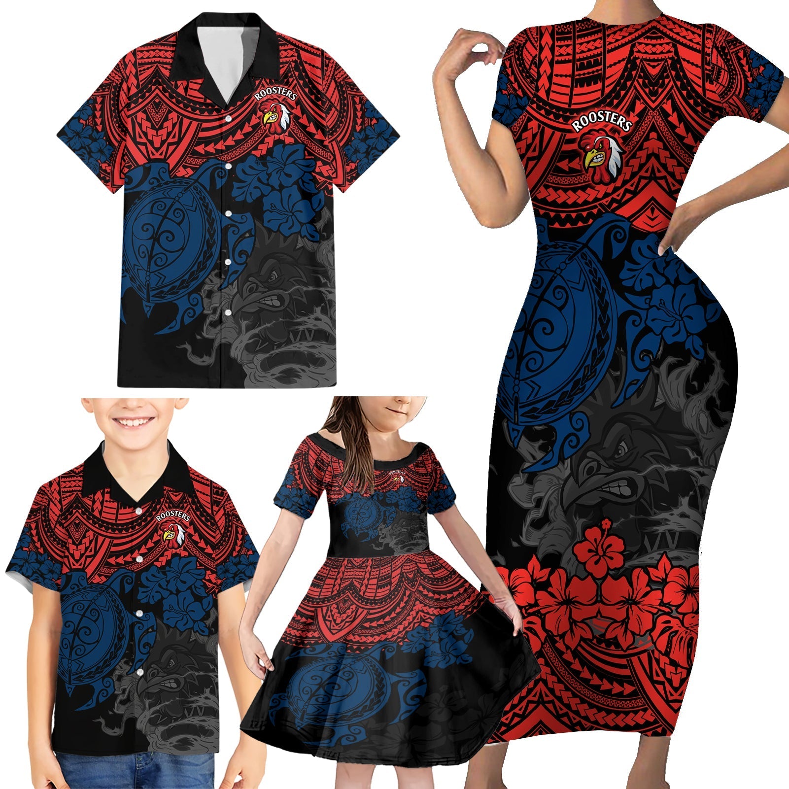 custom-roosters-rugby-family-matching-short-sleeve-bodycon-dress-and-hawaiian-shirt-sydney-hibiscus-and-turtle-with-polynesian-pattern