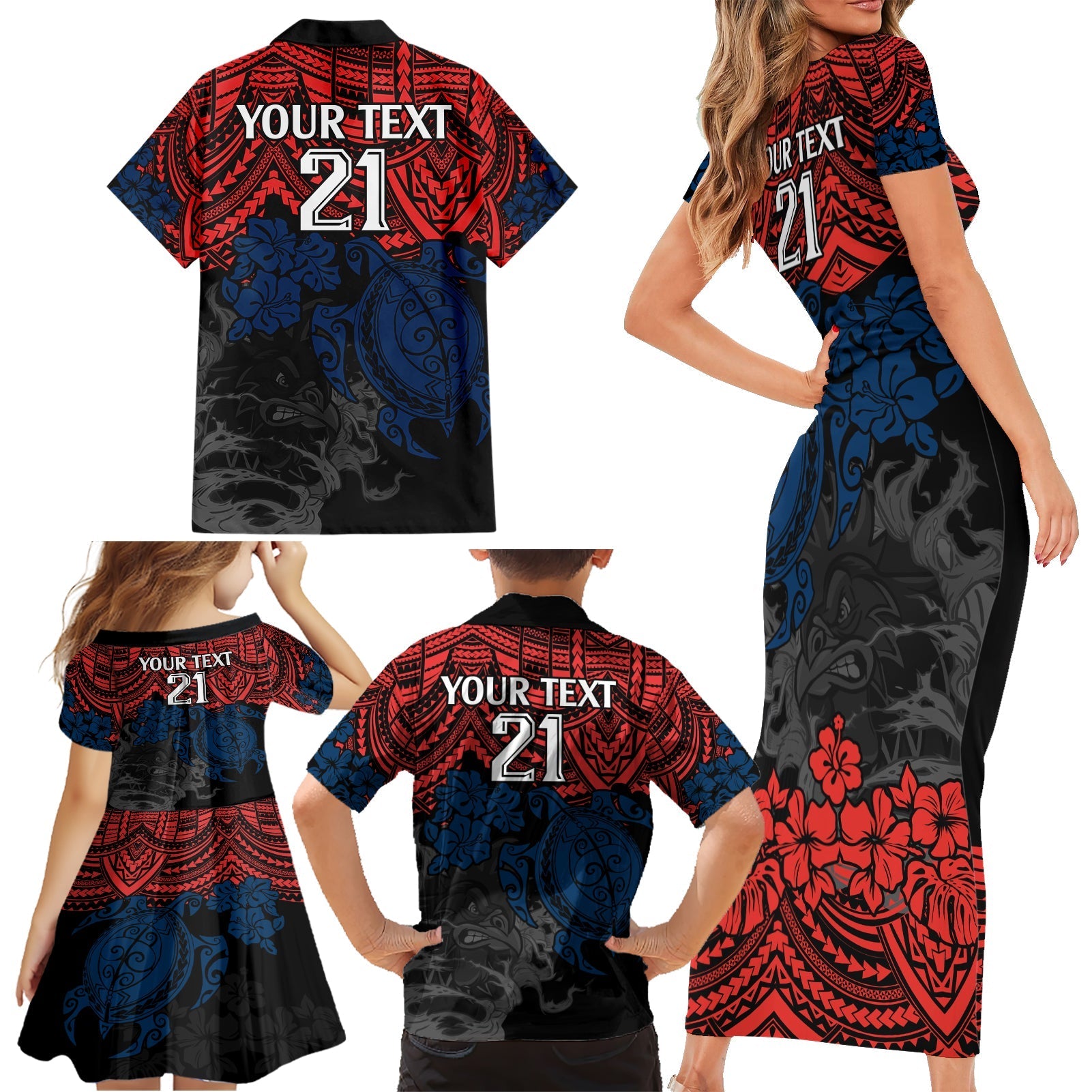 custom-roosters-rugby-family-matching-short-sleeve-bodycon-dress-and-hawaiian-shirt-sydney-hibiscus-and-turtle-with-polynesian-pattern