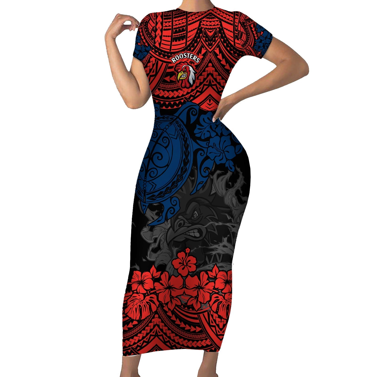 custom-roosters-rugby-family-matching-short-sleeve-bodycon-dress-and-hawaiian-shirt-sydney-hibiscus-and-turtle-with-polynesian-pattern