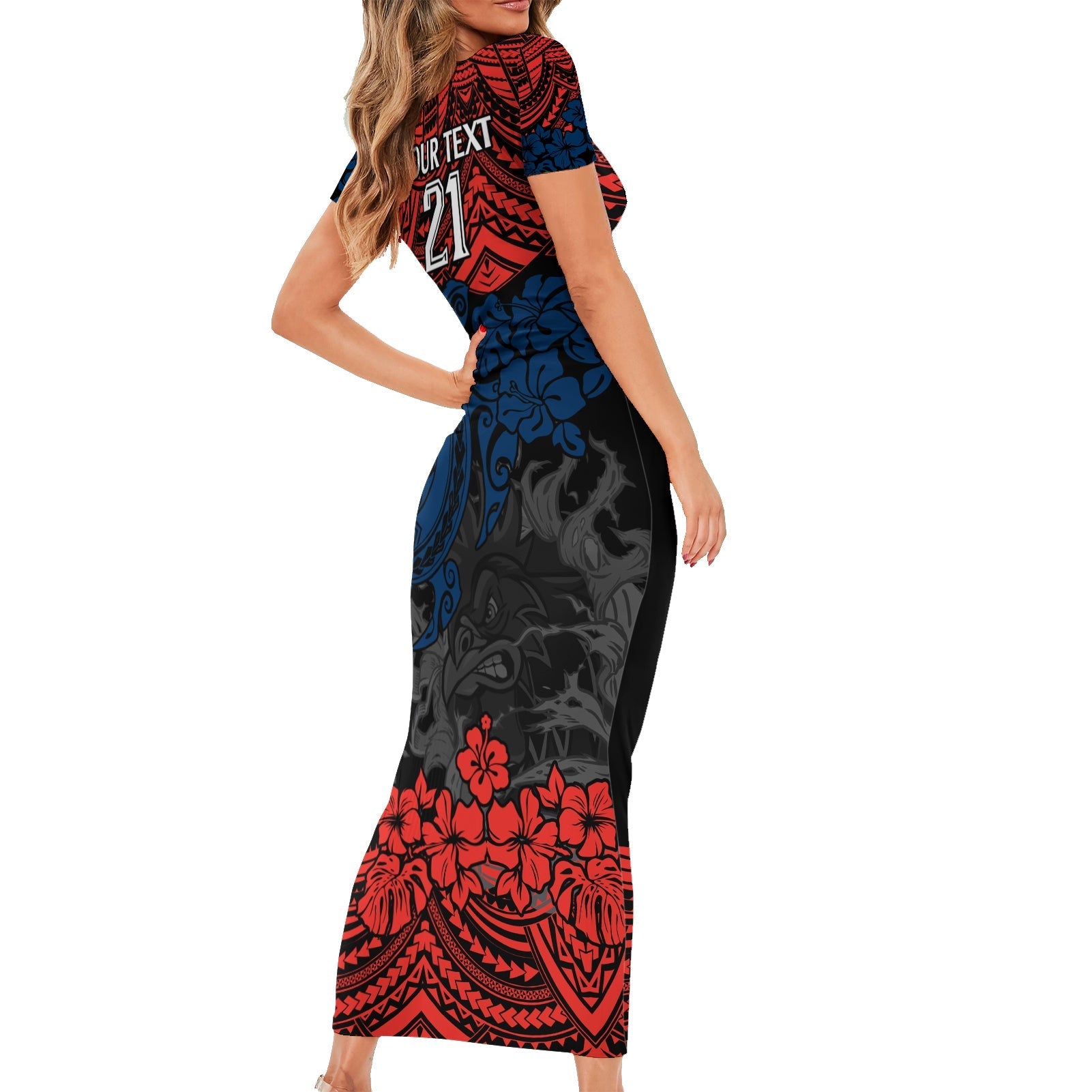 custom-roosters-rugby-family-matching-short-sleeve-bodycon-dress-and-hawaiian-shirt-sydney-hibiscus-and-turtle-with-polynesian-pattern