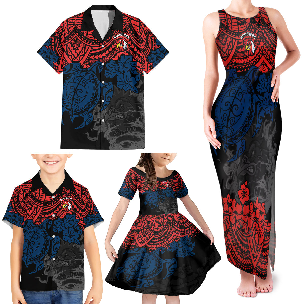 custom-roosters-rugby-family-matching-tank-maxi-dress-and-hawaiian-shirt-sydney-hibiscus-and-turtle-with-polynesian-pattern