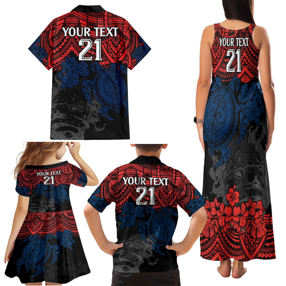 custom-roosters-rugby-family-matching-tank-maxi-dress-and-hawaiian-shirt-sydney-hibiscus-and-turtle-with-polynesian-pattern