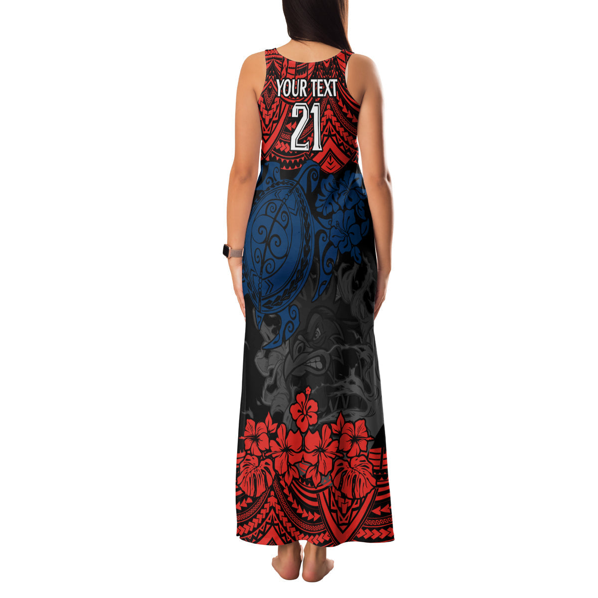 custom-roosters-rugby-family-matching-tank-maxi-dress-and-hawaiian-shirt-sydney-hibiscus-and-turtle-with-polynesian-pattern