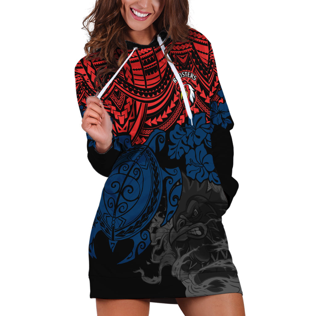 custom-roosters-rugby-hoodie-dress-sydney-hibiscus-and-turtle-with-polynesian-pattern