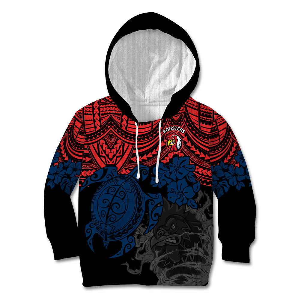 custom-roosters-rugby-kid-hoodie-sydney-hibiscus-and-turtle-with-polynesian-pattern