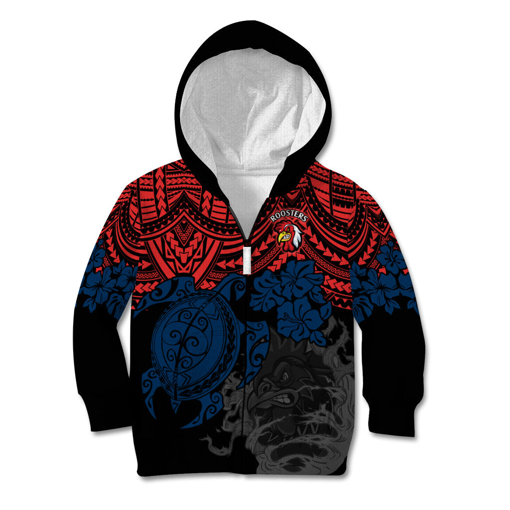 custom-roosters-rugby-kid-hoodie-sydney-hibiscus-and-turtle-with-polynesian-pattern