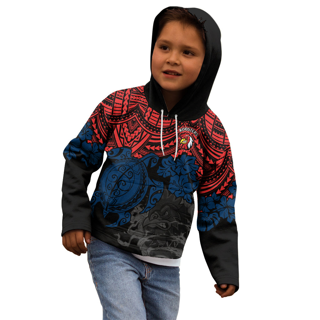 custom-roosters-rugby-kid-hoodie-sydney-hibiscus-and-turtle-with-polynesian-pattern