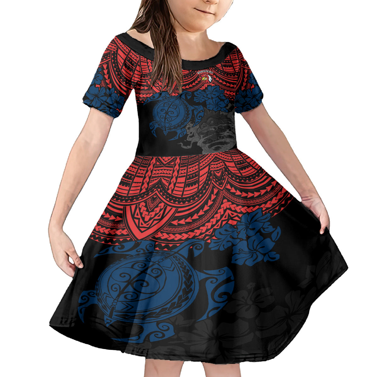 custom-roosters-rugby-kid-short-sleeve-dress-sydney-hibiscus-and-turtle-with-polynesian-pattern