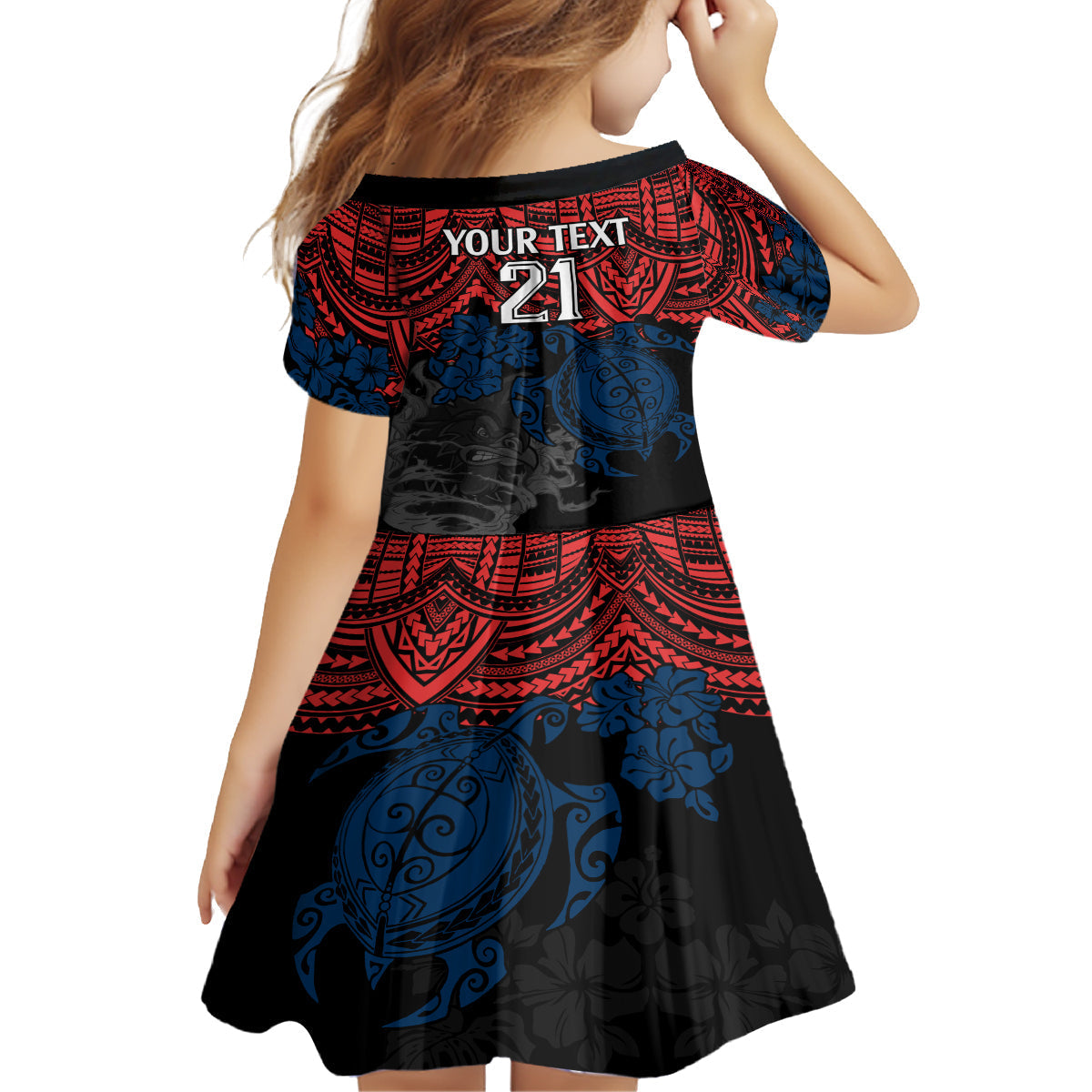 custom-roosters-rugby-kid-short-sleeve-dress-sydney-hibiscus-and-turtle-with-polynesian-pattern