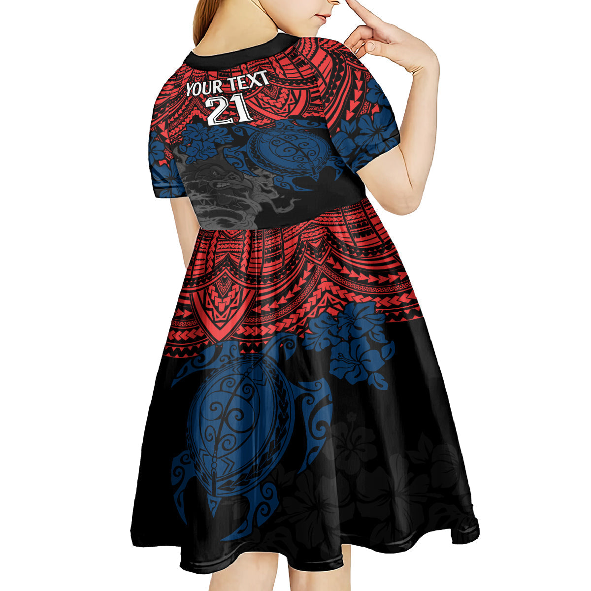 custom-roosters-rugby-kid-short-sleeve-dress-sydney-hibiscus-and-turtle-with-polynesian-pattern