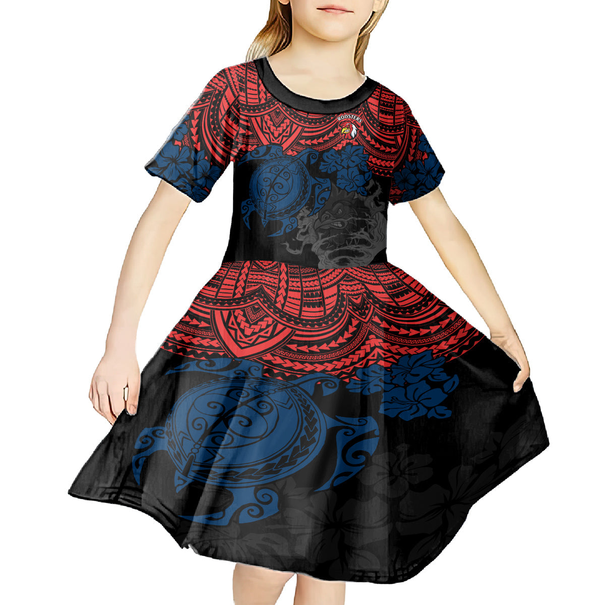 custom-roosters-rugby-kid-short-sleeve-dress-sydney-hibiscus-and-turtle-with-polynesian-pattern