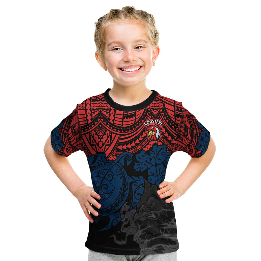 custom-roosters-rugby-kid-t-shirt-sydney-hibiscus-and-turtle-with-polynesian-pattern