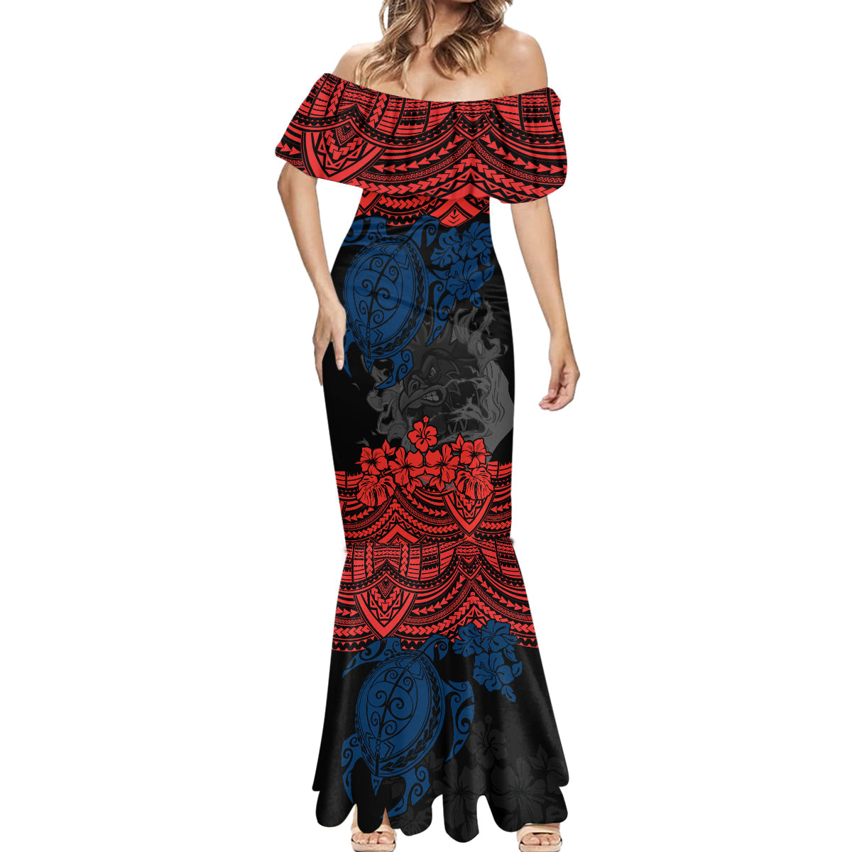 custom-roosters-rugby-mermaid-dress-sydney-hibiscus-and-turtle-with-polynesian-pattern