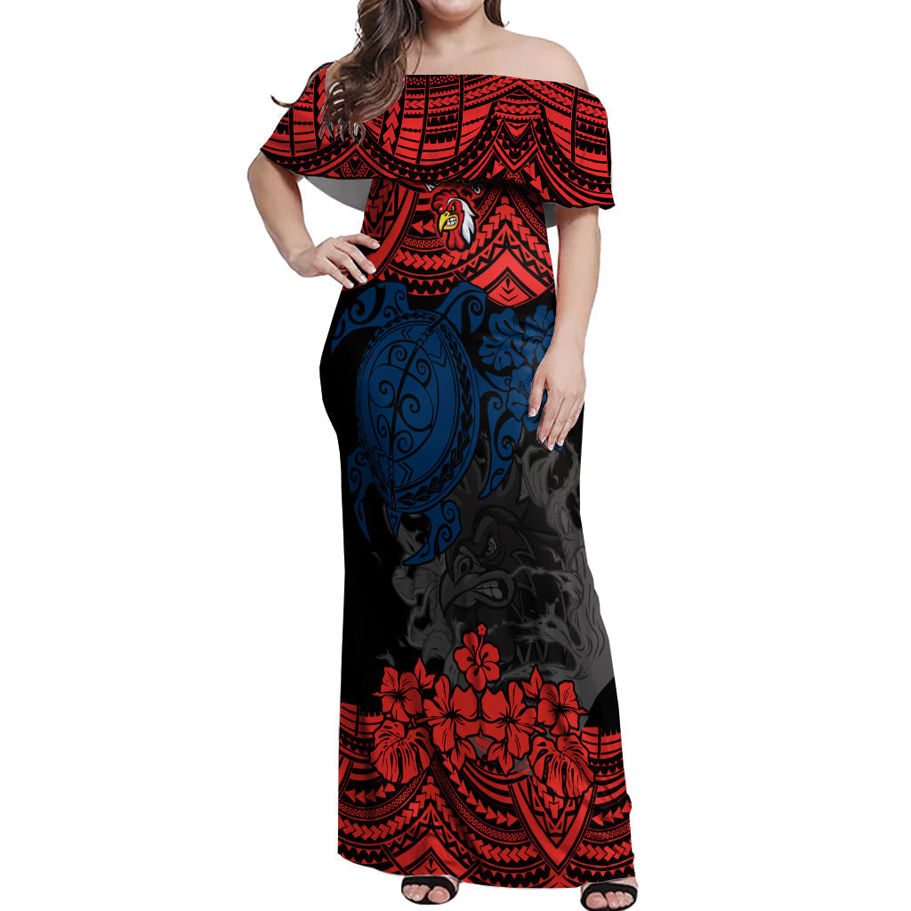 custom-roosters-rugby-off-shoulder-maxi-dress-sydney-hibiscus-and-turtle-with-polynesian-pattern