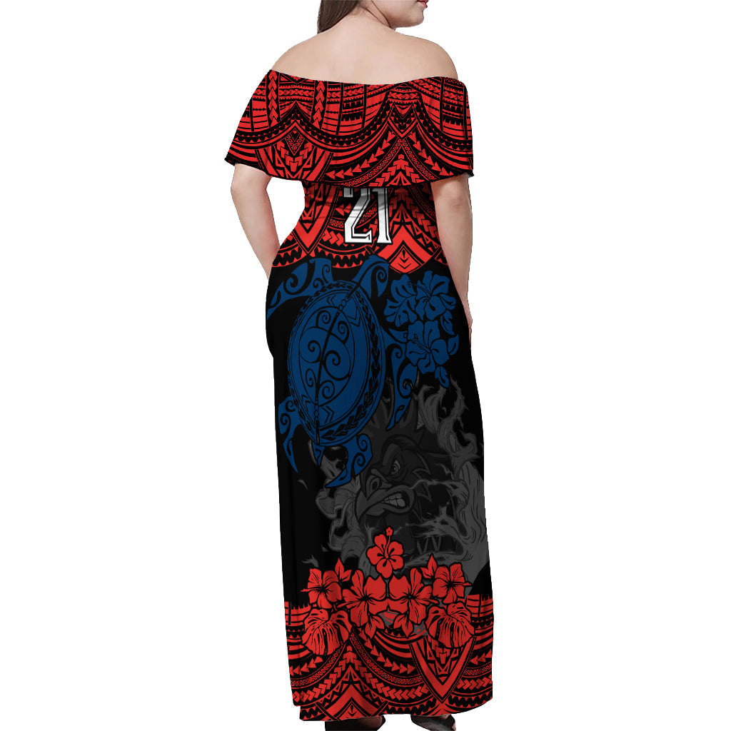 custom-roosters-rugby-off-shoulder-maxi-dress-sydney-hibiscus-and-turtle-with-polynesian-pattern