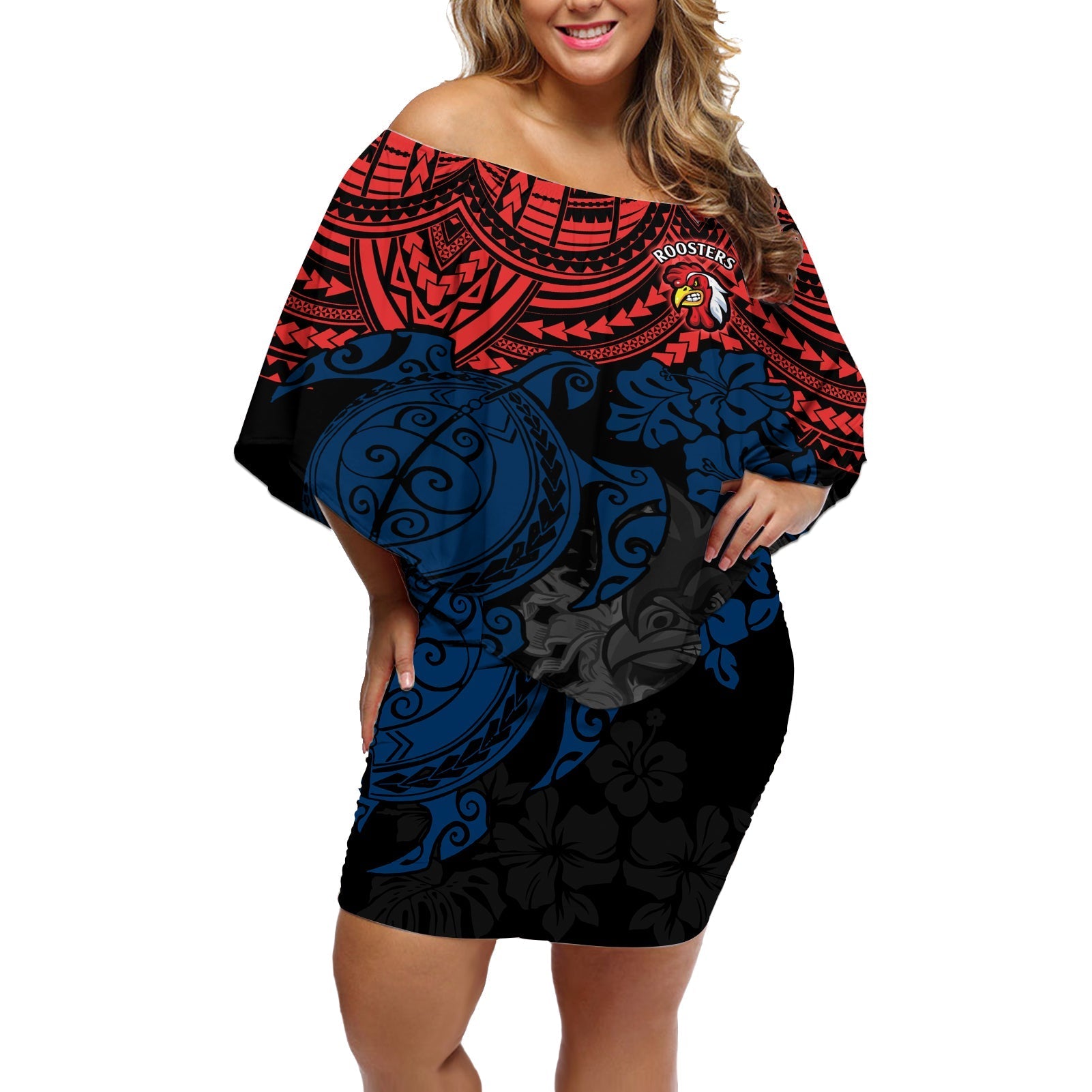 custom-roosters-rugby-off-shoulder-short-dress-sydney-hibiscus-and-turtle-with-polynesian-pattern