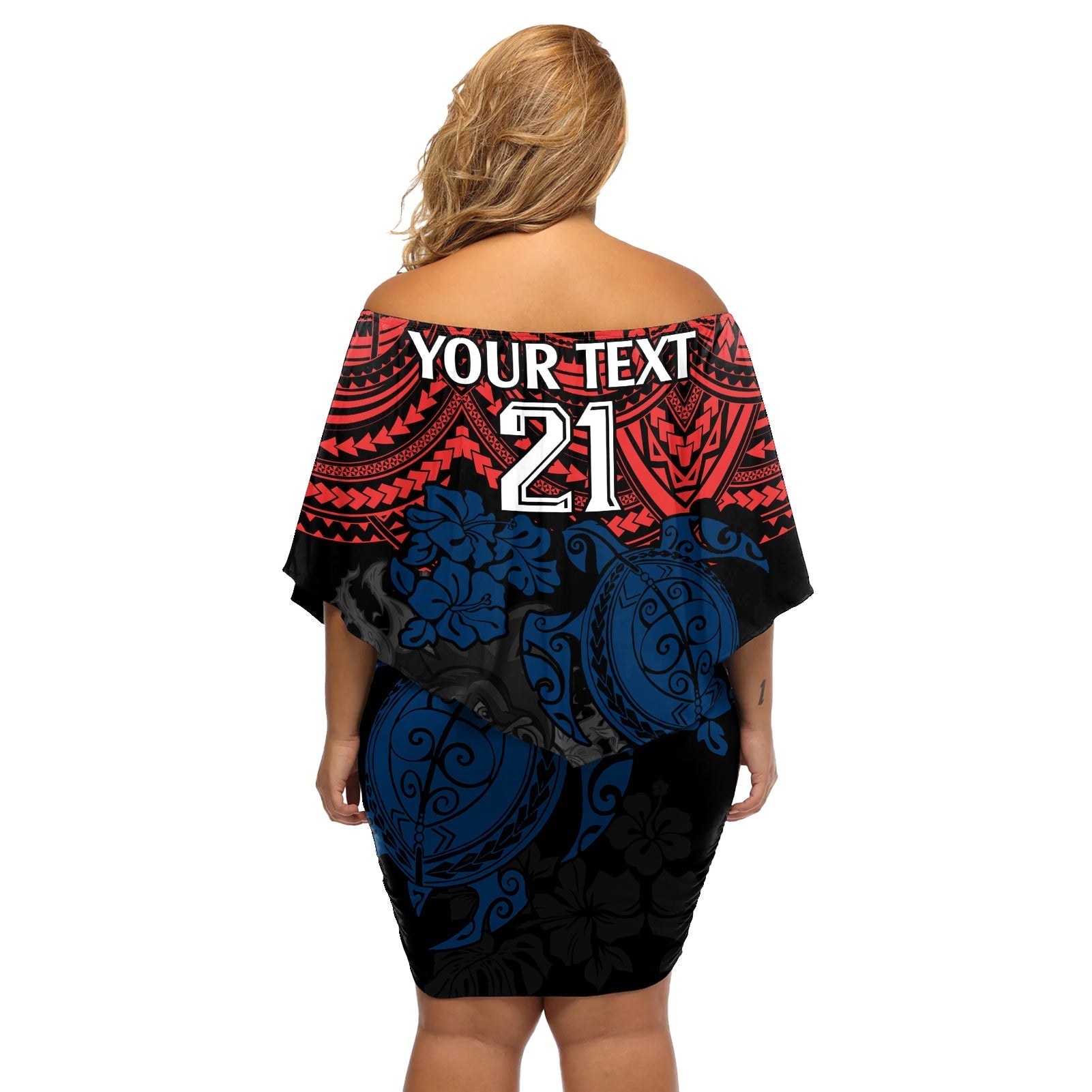 custom-roosters-rugby-off-shoulder-short-dress-sydney-hibiscus-and-turtle-with-polynesian-pattern